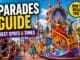 theme park parade with colourful floats and crowds watching in a fairytale park setting