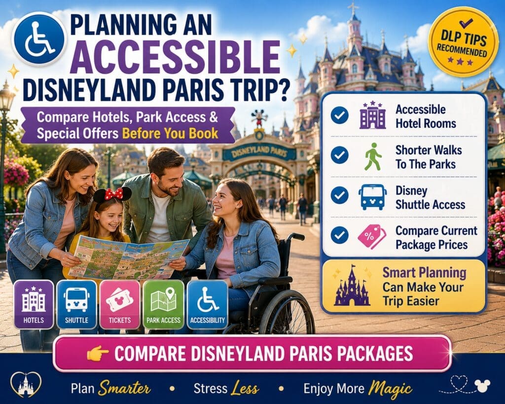 Family planning an accessible Disneyland Paris holiday with hotel, transport and accessibility information