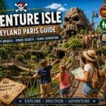 Family exploring Adventure Isle caves bridges and Skull Rock at Disneyland Paris Adventureland