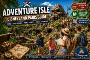 Family exploring Adventure Isle caves bridges and Skull Rock at Disneyland Paris Adventureland