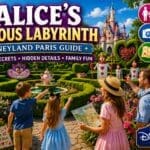 Family exploring Alice's Curious Labyrinth maze in Fantasyland at Disneyland Paris
