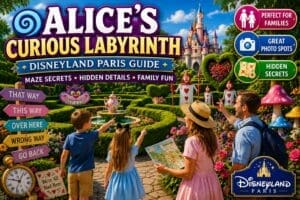 Family exploring Alice's Curious Labyrinth maze in Fantasyland at Disneyland Paris