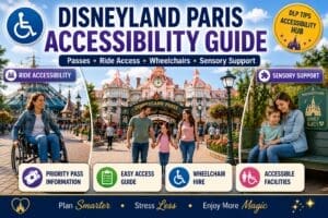 Overview of Disneyland Paris accessibility services including ride access, wheelchair support, disability passes and sensory-friendly facilities