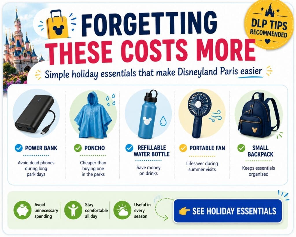 Disneyland Paris holiday essentials infographic showing power bank, poncho, reusable water bottle, portable fan and small backpack recommendations