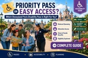 Family planning an accessible Disneyland Paris holiday with information about Priority Pass and Easy Access disability passes