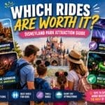 Disneyland Paris rides guide featuring Big Thunder Mountain, Hyperspace Mountain, Pirates of the Caribbean and Buzz Lightyear Laser Blast with a family planning their park day