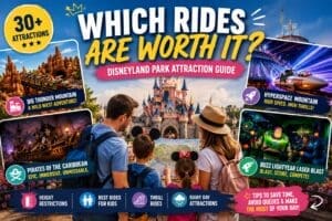 Disneyland Paris rides guide featuring Big Thunder Mountain, Hyperspace Mountain, Pirates of the Caribbean and Buzz Lightyear Laser Blast with a family planning their park day
