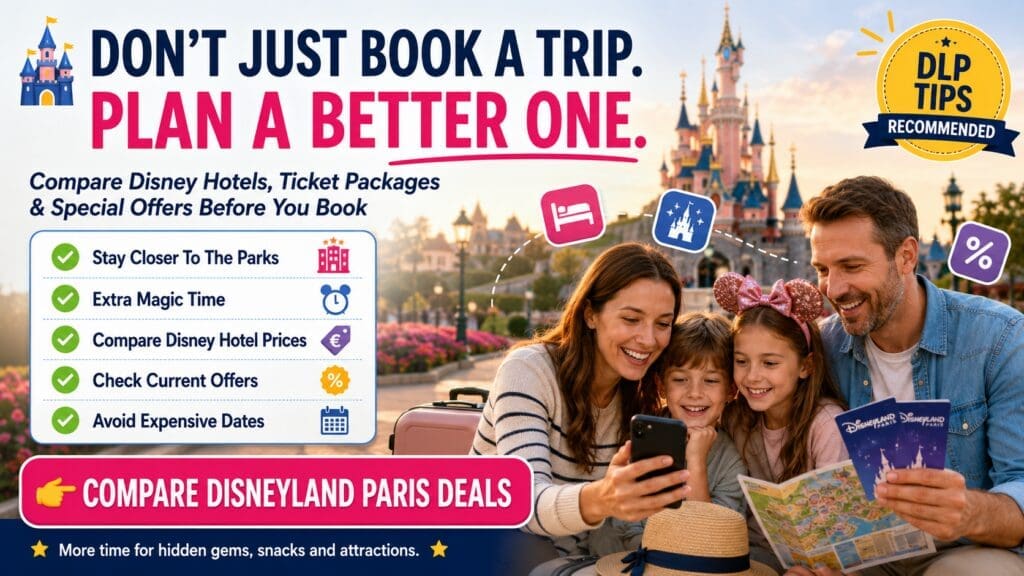 Family comparing Disneyland Paris hotel deals and holiday packages before booking