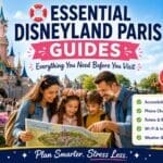 Family using essential Disneyland Paris planning guides showing phone charging locations, accessibility information, toilets, weather advice and visitor services