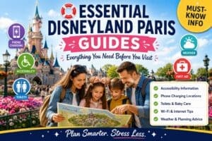 Family using essential Disneyland Paris planning guides showing phone charging locations, accessibility information, toilets, weather advice and visitor services