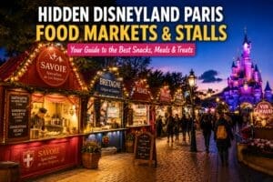 Colourful Disneyland Paris food market stalls serving regional French food and seasonal snacks near Fantasyland