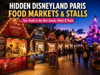 Colourful Disneyland Paris food market stalls serving regional French food and seasonal snacks near Fantasyland