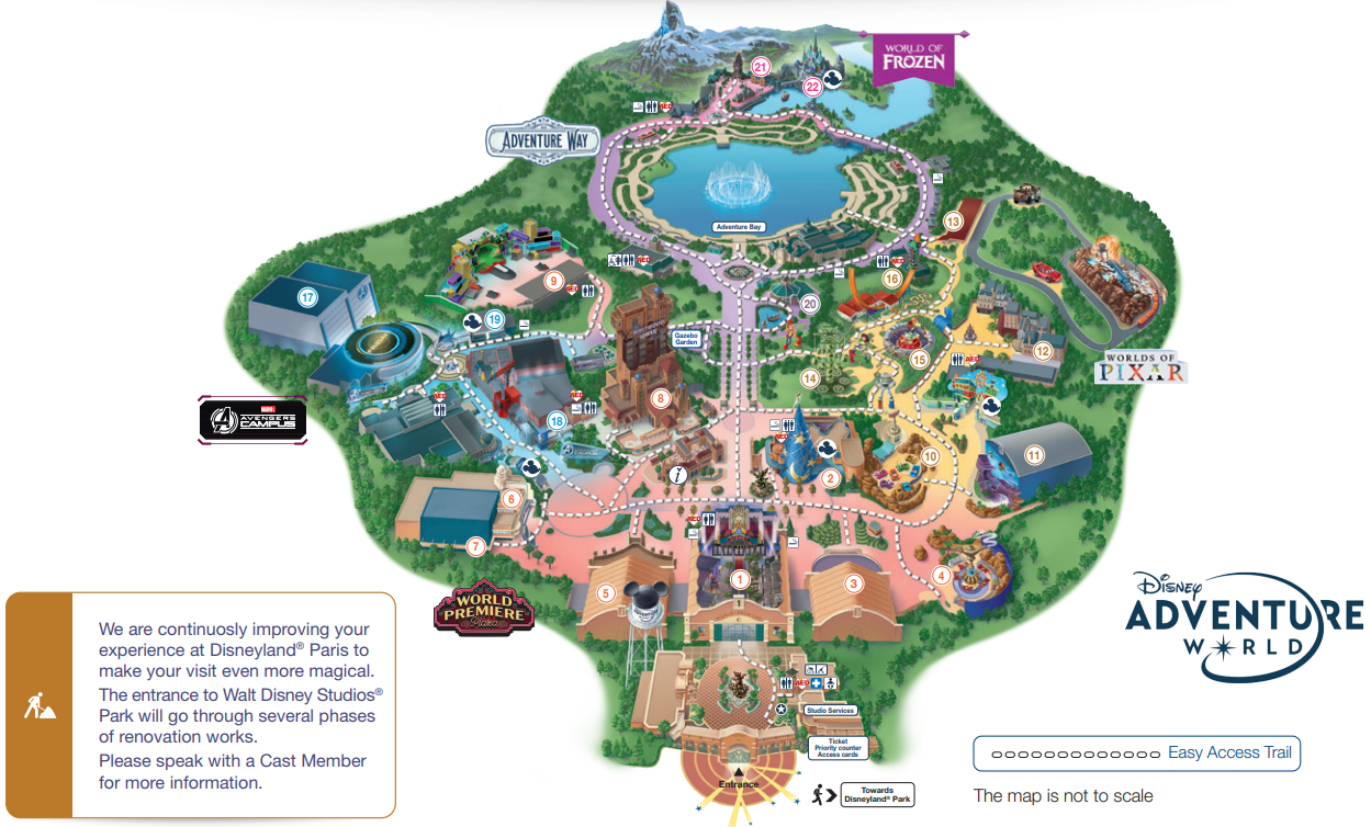 Official Disney Adventure World accessibility map showing toilets, first aid, baby care and accessible facilities