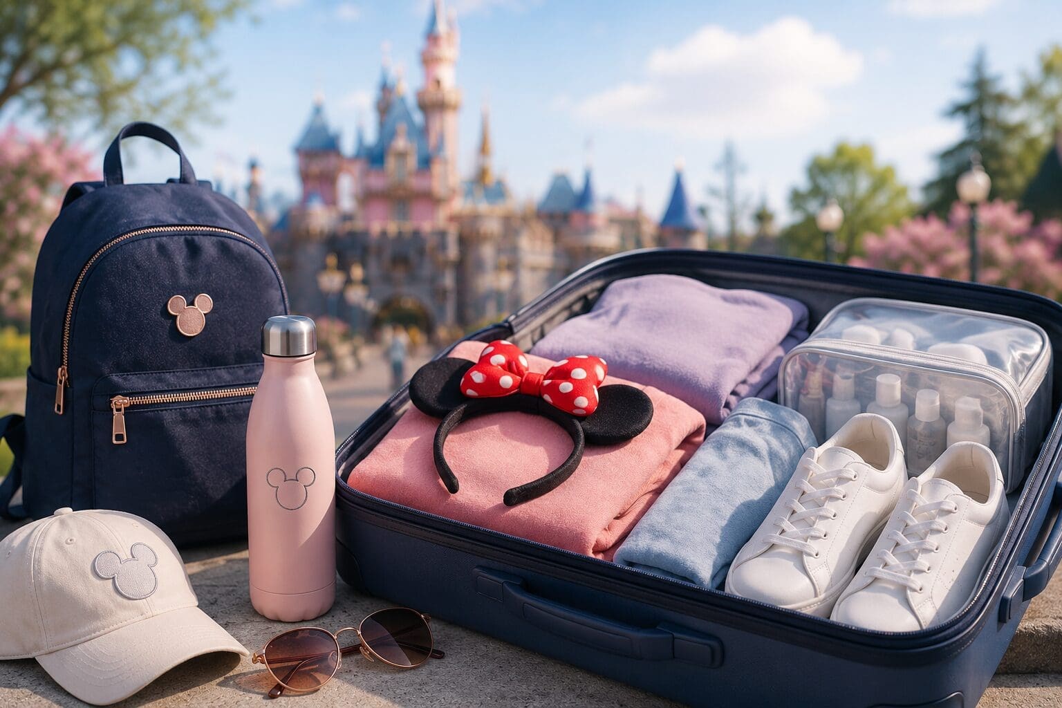 Disneyland Paris packing list suitcase with travel essentials for a theme park trip