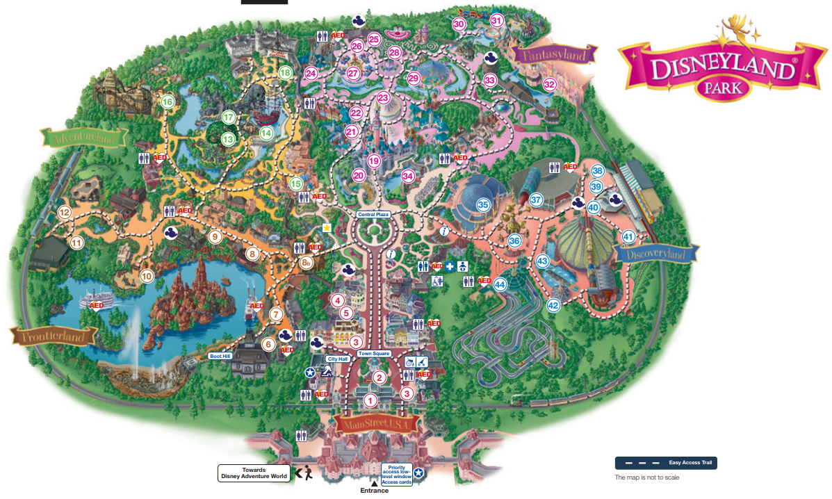 Official Disneyland Park accessibility map showing toilets, first aid, baby care and accessible facilities