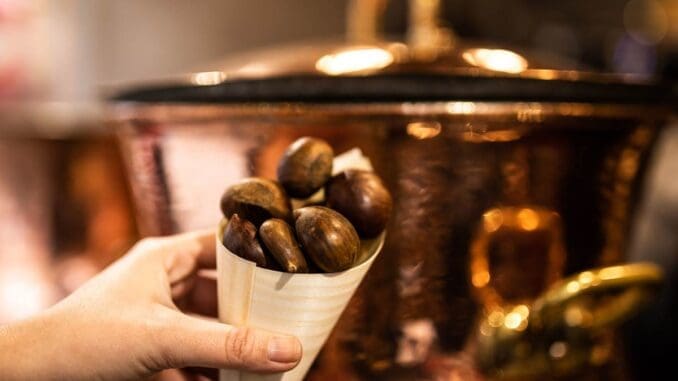 Roasted chestnuts being sold at a Disneyland Paris seasonal food market stall
