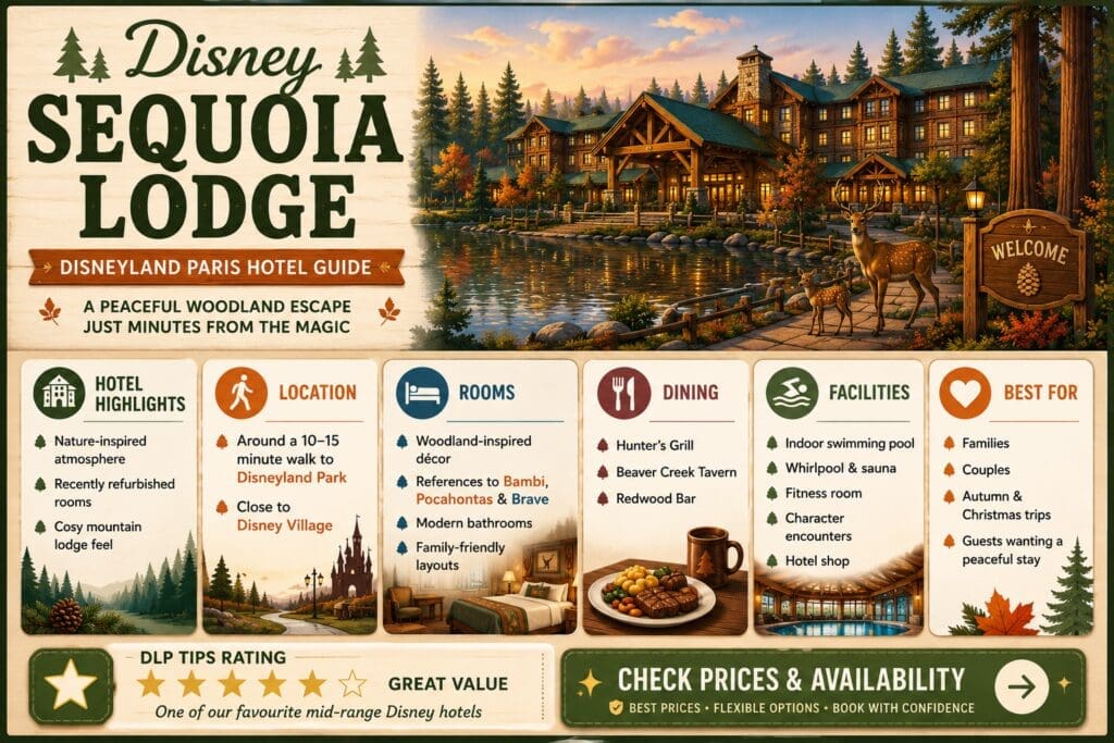 Disney Sequoia Lodge hotel guide infographic showing rooms, facilities, dining and location at Disneyland Paris