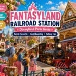 Fantasyland Railroad Station at Disneyland Paris with a steam train arriving as families board in a colourful fairy-tale setting
