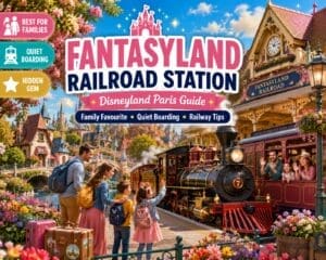 Fantasyland Railroad Station at Disneyland Paris with a steam train arriving as families board in a colourful fairy-tale setting
