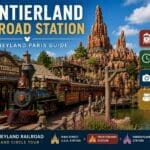 Frontierland Railroad Station at Disneyland Paris with a steam train arriving beside Big Thunder Mountain and Thunder Mesa