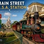 Main Street U.S.A. Railroad Station at Disneyland Paris with a steam train arriving and Sleeping Beauty Castle in the background