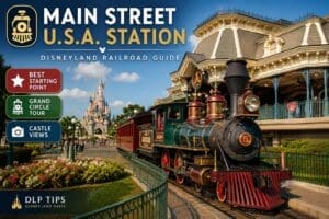 Main Street U.S.A. Railroad Station at Disneyland Paris with a steam train arriving and Sleeping Beauty Castle in the background